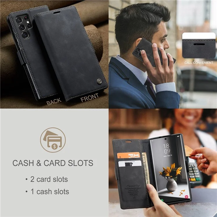 CASEME 013 Series for Samsung Galaxy S22 Ultra 5G Foldable Stand Wallet PU Leather + TPU Cover Auto-absorbed Magnetic Closing Phone Case - Black-Cellmalls
