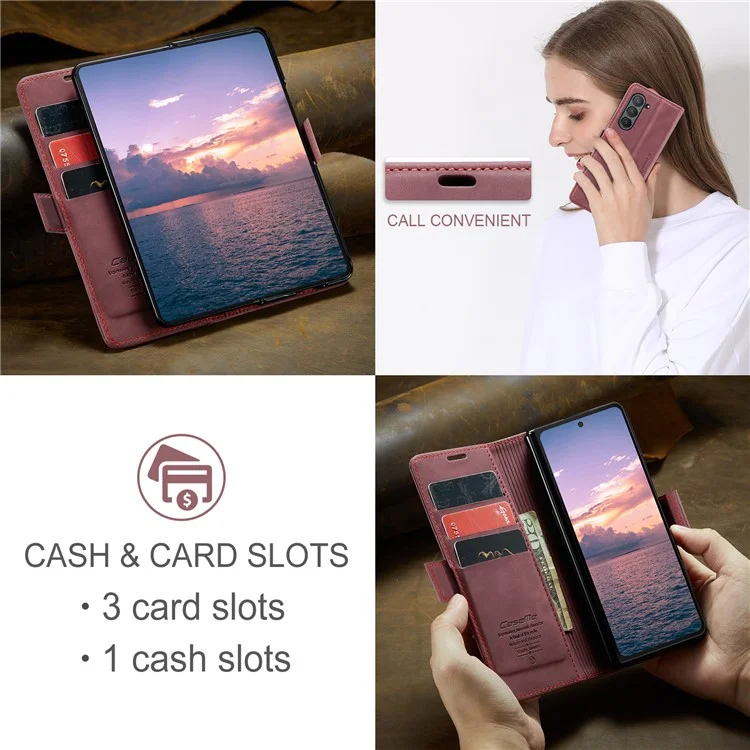 CASEME 013 Series For Samsung Galaxy Z Fold6 5G Phone Stand Case Shockproof PU Leather Cover Wallet - Wine Red-Cellmalls