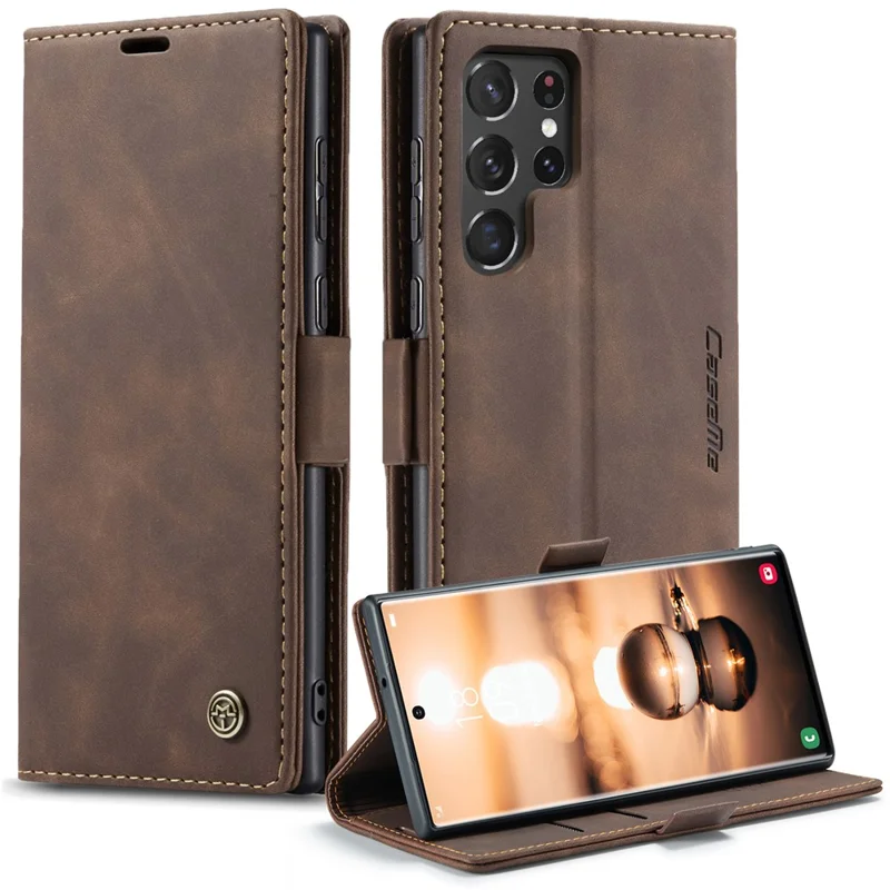 CASEME 013 Series for Samsung Galaxy S22 Ultra 5G Foldable Stand Wallet PU Leather + TPU Cover Auto-absorbed Magnetic Closing Phone Case - Black-Cellmalls