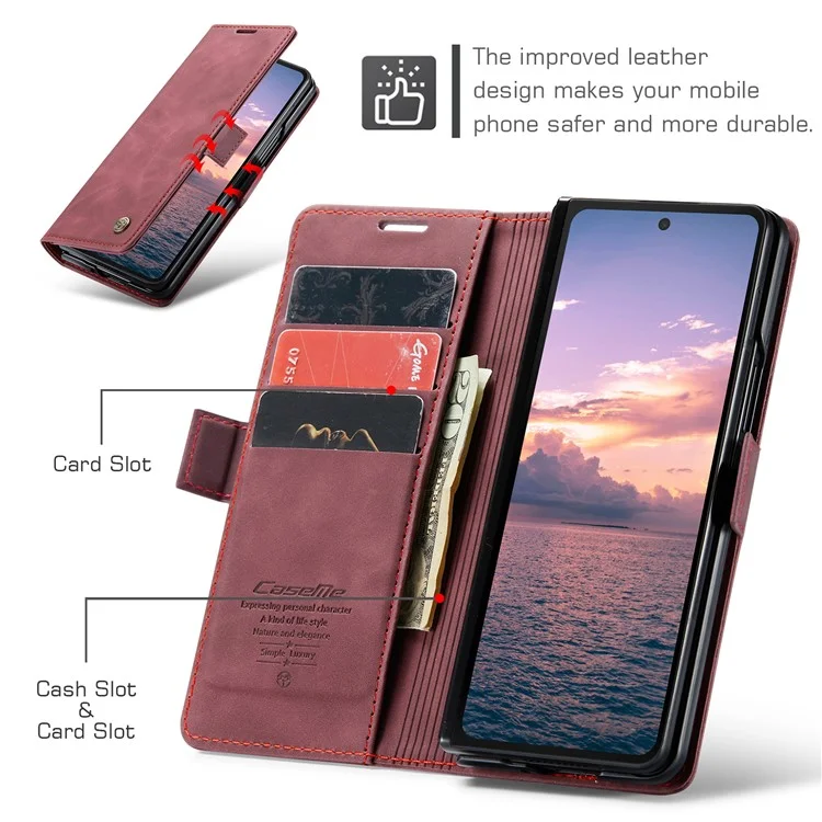 CASEME 013 Series For Samsung Galaxy Z Fold6 5G Phone Stand Case Shockproof PU Leather Cover Wallet - Wine Red-Cellmalls