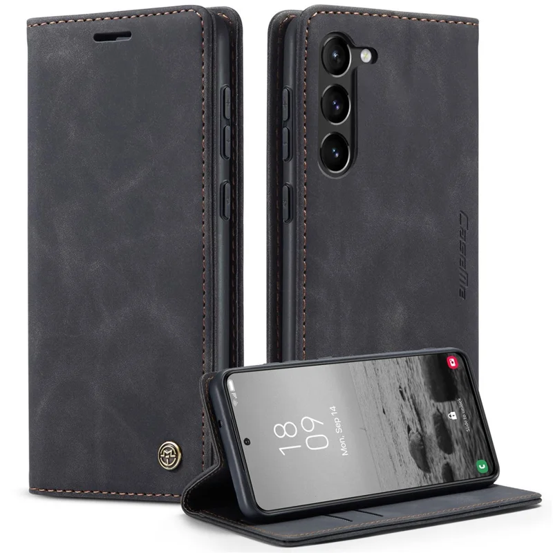 CASEME 013 Series For Samsung Galaxy S23 Stand Function PU Leather Wallet Case Magnetic Auto-absorbed Phone Case - Black-Cellmalls