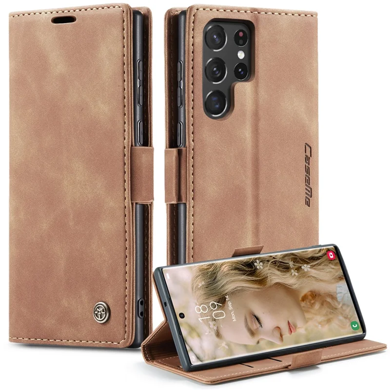 CASEME 013 Series for Samsung Galaxy S22 Ultra 5G Foldable Stand Wallet PU Leather + TPU Cover Auto-absorbed Magnetic Closing Phone Case - Black-Cellmalls