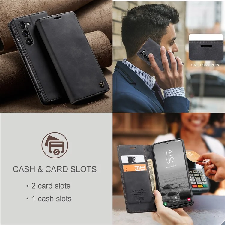 CASEME 013 Series For Samsung Galaxy S23 Stand Function PU Leather Wallet Case Magnetic Auto-absorbed Phone Case - Black-Cellmalls