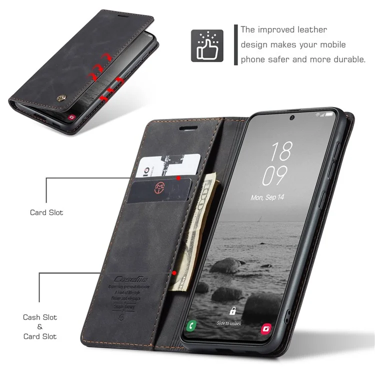 CASEME 013 Series For Samsung Galaxy S23 Stand Function PU Leather Wallet Case Magnetic Auto-absorbed Phone Case - Black-Cellmalls