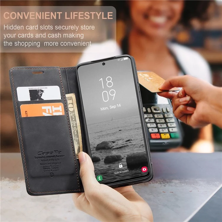CASEME 013 Series For Samsung Galaxy S23 Stand Function PU Leather Wallet Case Magnetic Auto-absorbed Phone Case - Black-Cellmalls