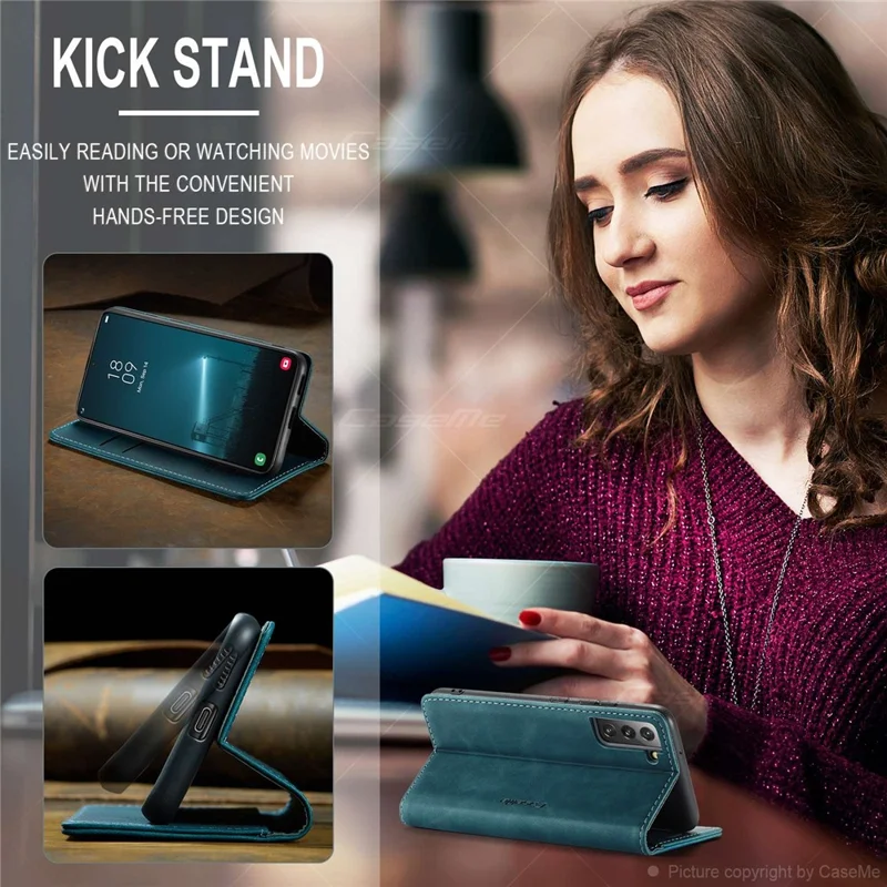 CASEME 013 Series for Samsung Galaxy S22 5G PU Leather Wallet Phone Case Stand Magnetic Absorption Card Holder Cover - Green-Cellmalls