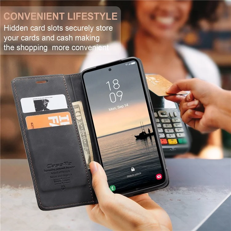 CASEME 013 Series For Samsung Galaxy S23 FE Case PU Leather Stand Folio Phone Cover - Black-Cellmalls