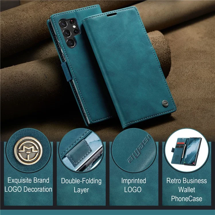 CASEME 013 Series For Samsung Galaxy S23 Ultra Stand Function Fully Wrapped PU Leather Wallet Case Magnetic Auto-absorbed Phone Case - Blue-Cellmalls