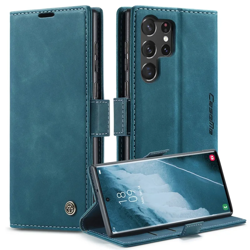 CASEME 013 Series For Samsung Galaxy S23 Ultra Stand Function Fully Wrapped PU Leather Wallet Case Magnetic Auto-absorbed Phone Case - Blue-Cellmalls