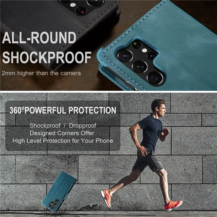CASEME 013 Series For Samsung Galaxy S23 Ultra Stand Function Fully Wrapped PU Leather Wallet Case Magnetic Auto-absorbed Phone Case - Blue-Cellmalls