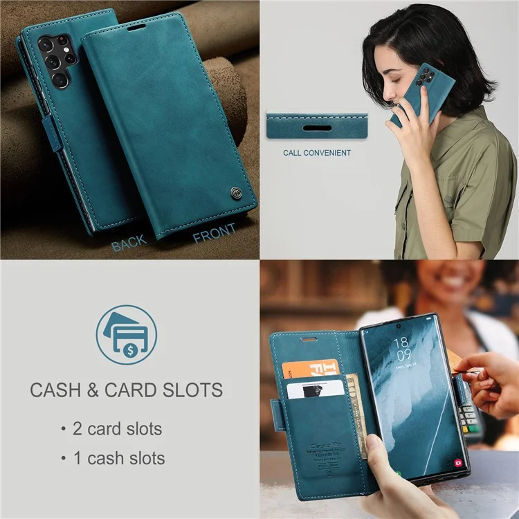 CASEME 013 Series For Samsung Galaxy S23 Ultra Stand Function Fully Wrapped PU Leather Wallet Case Magnetic Auto-absorbed Phone Case - Blue-Cellmalls