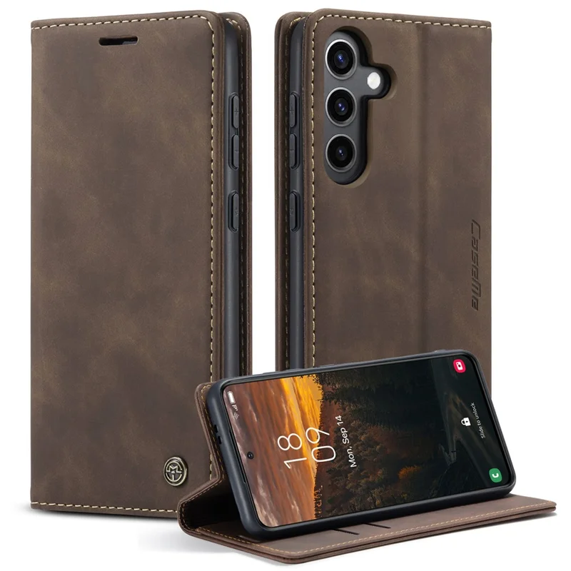 CASEME 013 Series For Samsung Galaxy S24 Case Anti-drop PU Leather Stand Cellphone Protector - Coffee-Cellmalls
