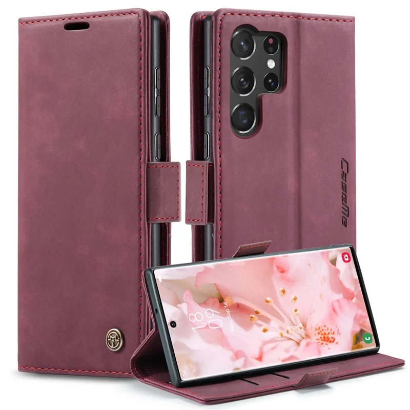 CASEME 013 Series For Samsung Galaxy S23 Ultra Stand Function Fully Wrapped PU Leather Wallet Case Magnetic Auto-absorbed Phone Case - Blue-Cellmalls