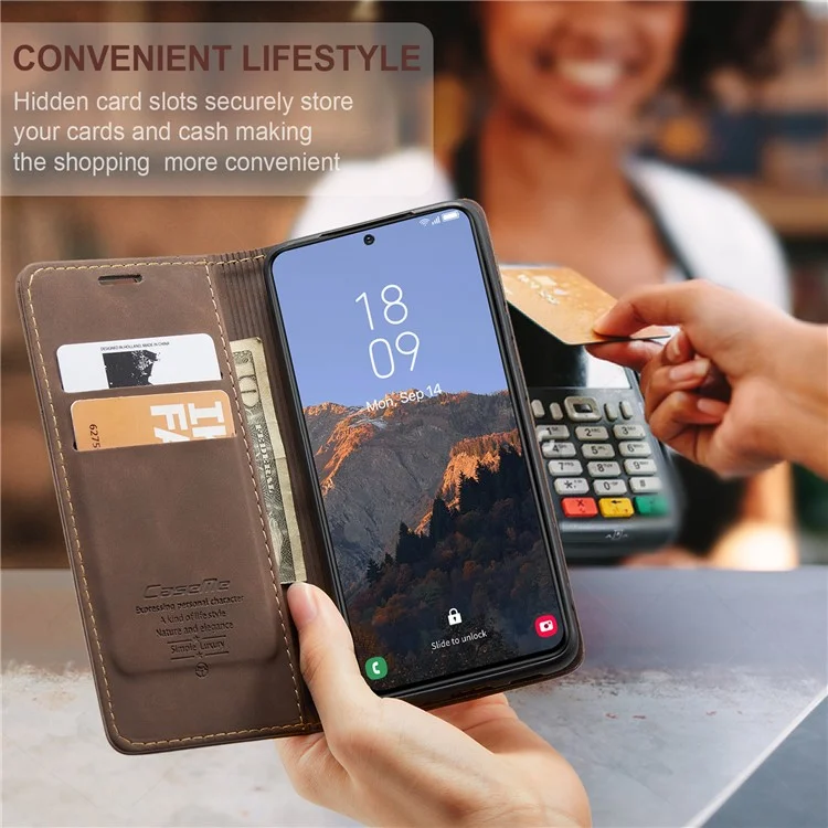 CASEME 013 Series For Samsung Galaxy S24 Case Anti-drop PU Leather Stand Cellphone Protector - Coffee-Cellmalls