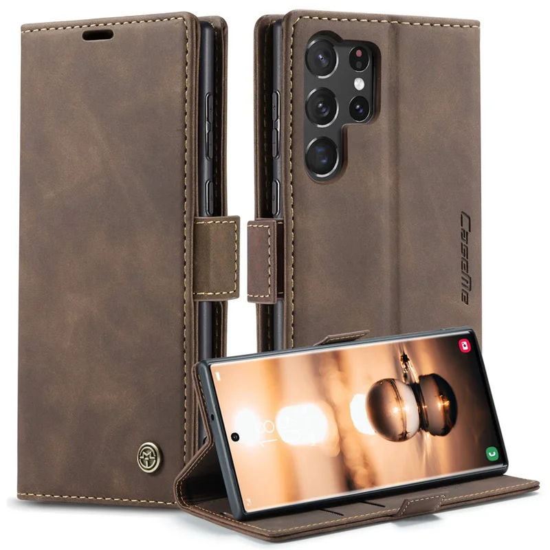 CASEME 013 Series For Samsung Galaxy S23 Ultra Stand Function Fully Wrapped PU Leather Wallet Case Magnetic Auto-absorbed Phone Case - Blue-Cellmalls