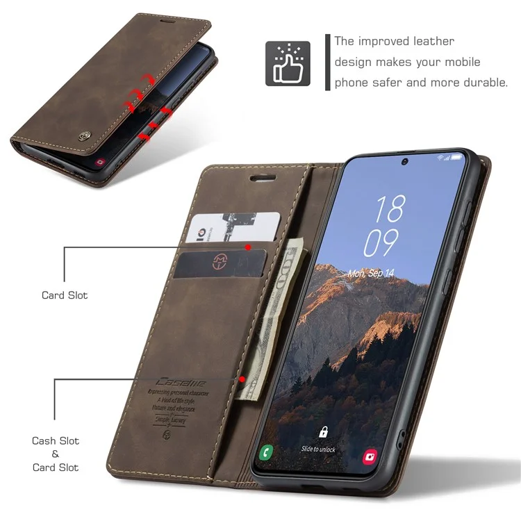 CASEME 013 Series For Samsung Galaxy S23+ Stand Function PU Leather Wallet Case Full Protection Magnetic Auto-absorbed Phone Case - Coffee-Cellmalls