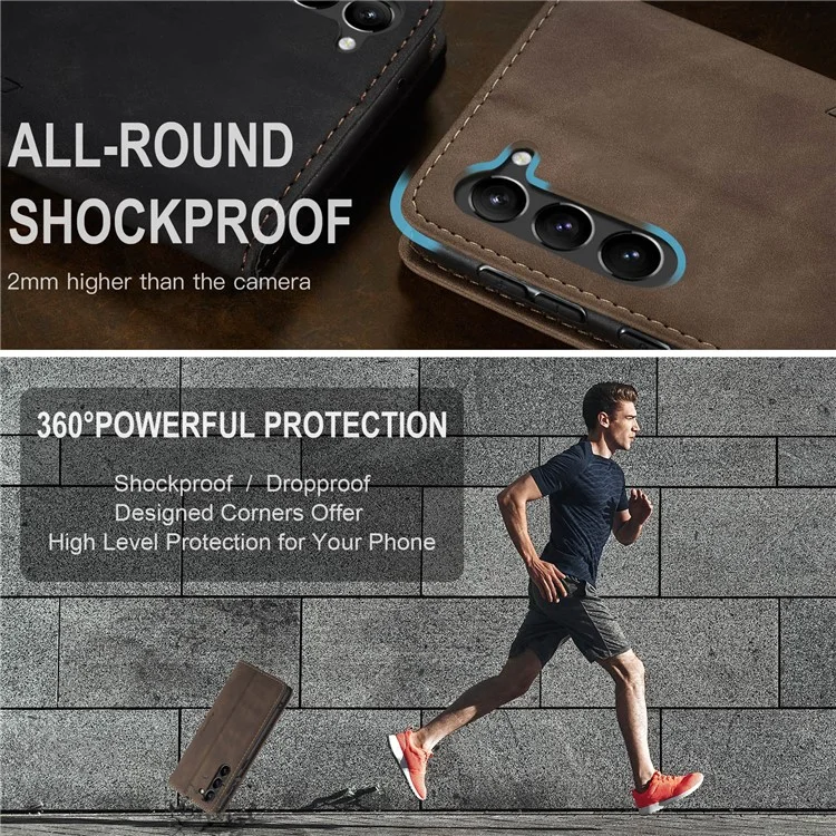 CASEME 013 Series For Samsung Galaxy S23+ Stand Function PU Leather Wallet Case Full Protection Magnetic Auto-absorbed Phone Case - Coffee-Cellmalls