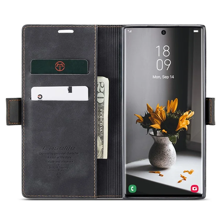 CASEME 013 Series For Samsung Galaxy S24 Ultra Phone Case Anti-fall PU Leather Folio Stand Cover - Black-Cellmalls