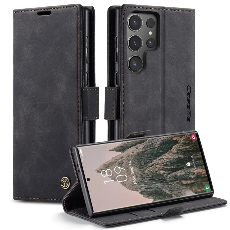 CASEME 013 Series For Samsung Galaxy S24 Ultra Phone Case Anti-fall PU Leather Folio Stand Cover - Black-Cellmalls