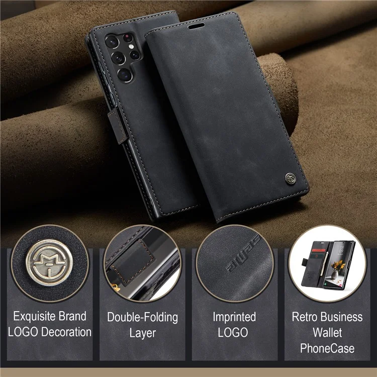 CASEME 013 Series For Samsung Galaxy S24 Ultra Phone Case Anti-fall PU Leather Folio Stand Cover - Black-Cellmalls