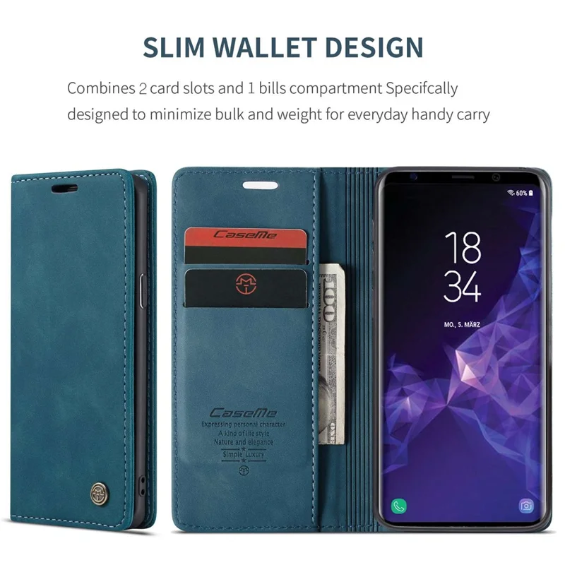 CASEME 013 Series Auto-absorbed Leather Wallet Stand Case for Samsung Galaxy S9 G960 - Blue-Cellmalls