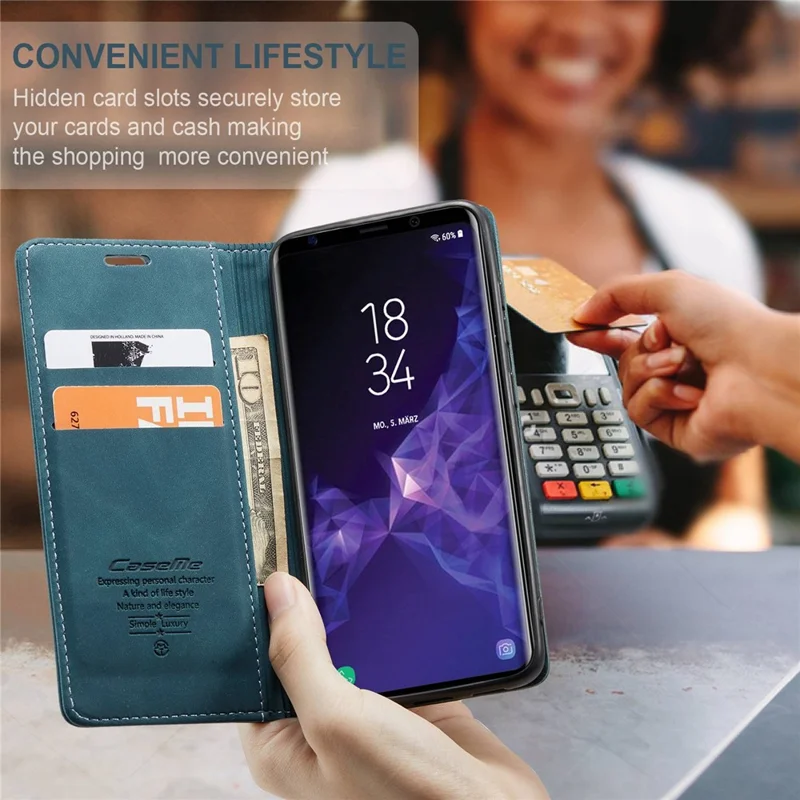 CASEME 013 Series Auto-absorbed Leather Wallet Stand Case for Samsung Galaxy S9 G960 - Blue-Cellmalls