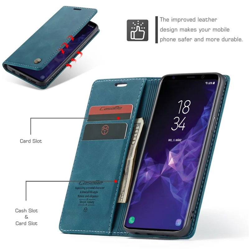 CASEME 013 Series Auto-absorbed Leather Wallet Stand Case for Samsung Galaxy S9 G960 - Blue-Cellmalls