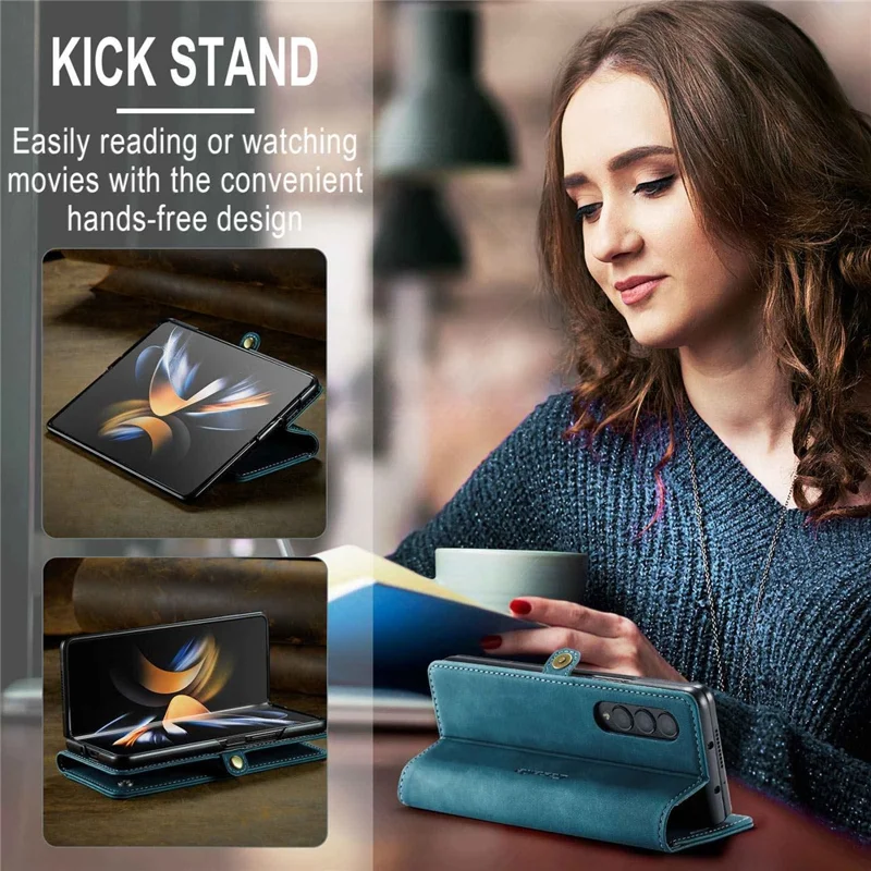 CASEME 013 Series for Samsung Galaxy Z Fold4 5G Shockproof PU Leather Wallet Case Magnetic Side Closure Stand Phone Cover - Blue-Cellmalls