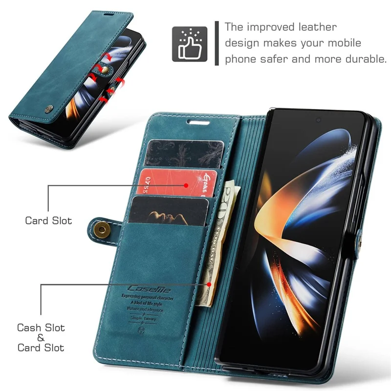 CASEME 013 Series for Samsung Galaxy Z Fold4 5G Shockproof PU Leather Wallet Case Magnetic Side Closure Stand Phone Cover - Blue-Cellmalls