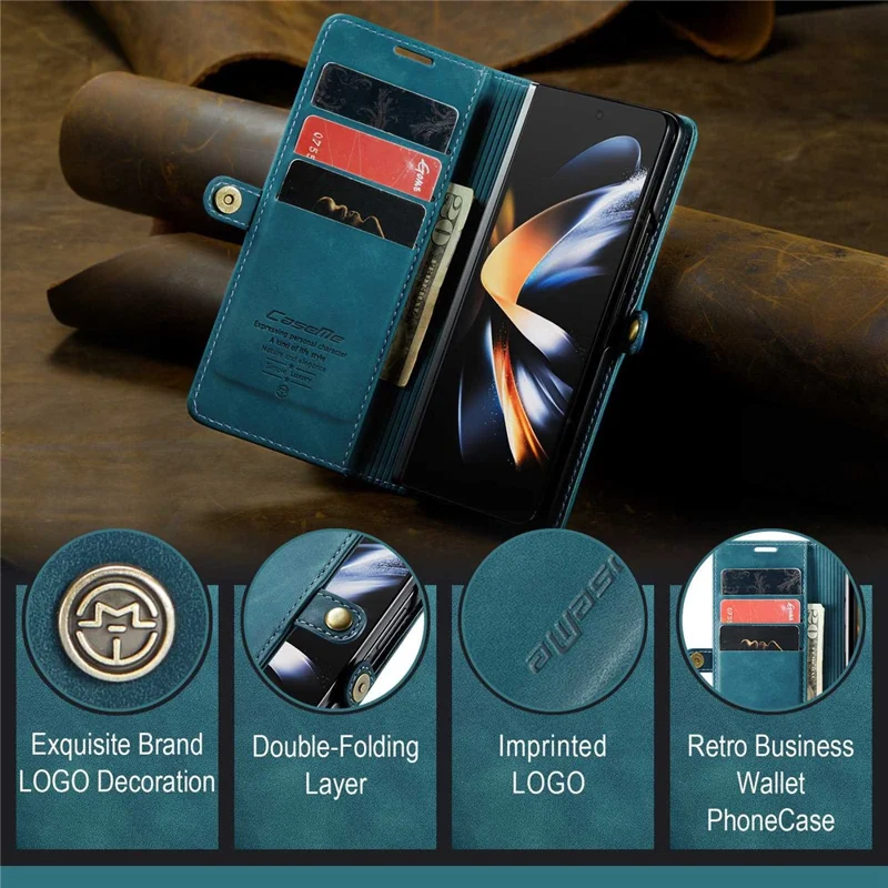 CASEME 013 Series for Samsung Galaxy Z Fold4 5G Shockproof PU Leather Wallet Case Magnetic Side Closure Stand Phone Cover - Blue-Cellmalls