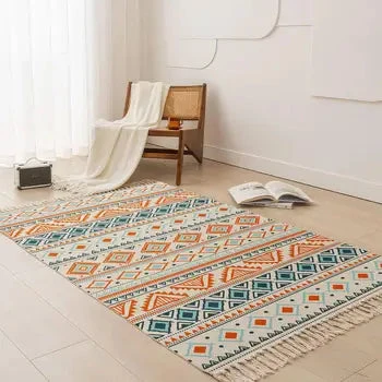 Handmade Ethnic Style Polyester Door Mat Anti-Slip Cotton Linen Entrance Rug with Tassels for Home and Bedroom
