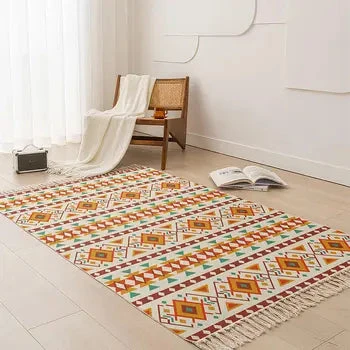 Handmade Ethnic Style Polyester Door Mat Anti-Slip Cotton Linen Entrance Rug with Tassels for Home and Bedroom