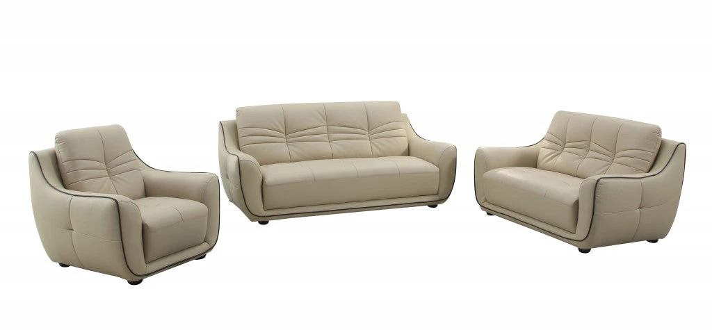 Three Piece Indoor Beige Genuine Leather Six Person Seating Set