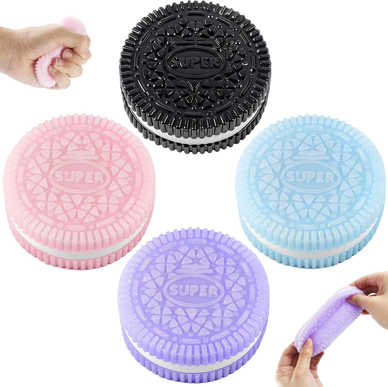 4 Pack Pink Black Green Purple Sticky Cookie Squishies Fidget Toys Adults, Squeeze Toys Sensory Toys for Kids with Autism