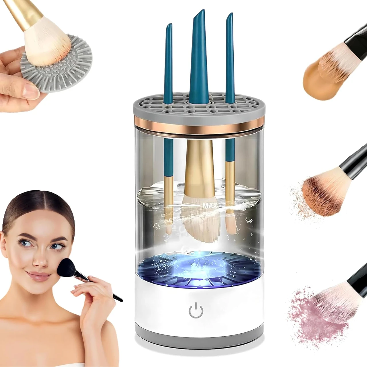 Todoxi Electric Makeup Brush Cleaner,Multi-Use Cosmetic Brush Cleaner, Automatic Spinning Makeup Brush Cleaner for All Size Makeup Brushes (White)