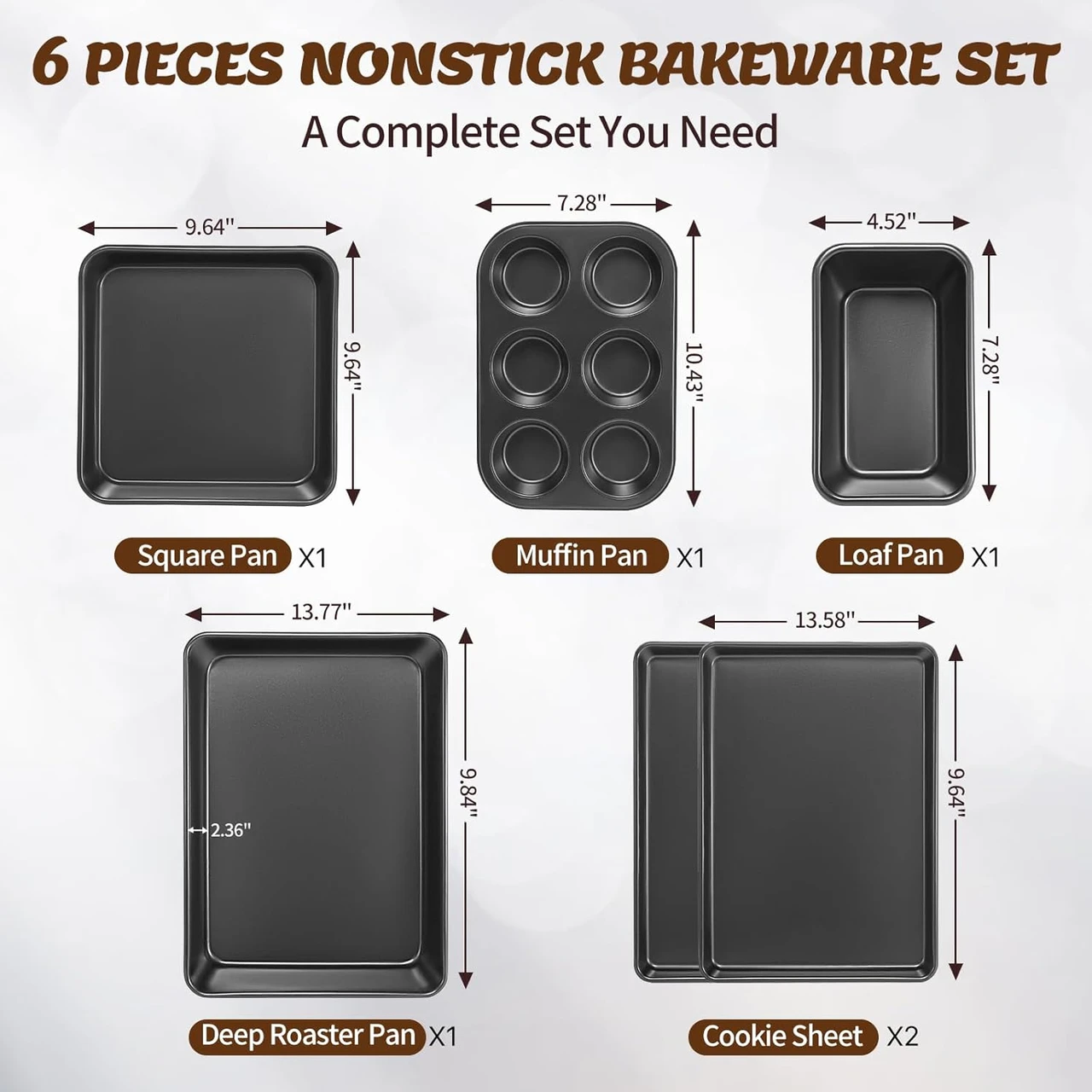 Todoxi Baking Pans Set, Nonstick Bakeware Sets, Oven Pans for Cooking, Todoxi 6 Pieces Baking Sheets Set Including Cookie Sheet, Deep Roaster Pan, Square Pan, Loaf Pan, Muffin Pan, Carbon Steel Baking Set