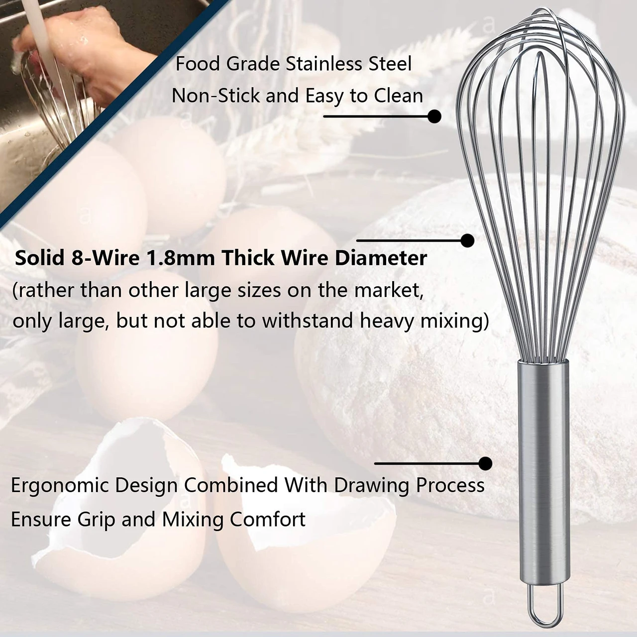 Todoxi Whisks for Cooking, 3 Pack Stainless Steel Whisk for Blending, Whisking, Beating and Stirring, Enhanced Version Balloon Wire Whisk Set, 8"+10"+12"