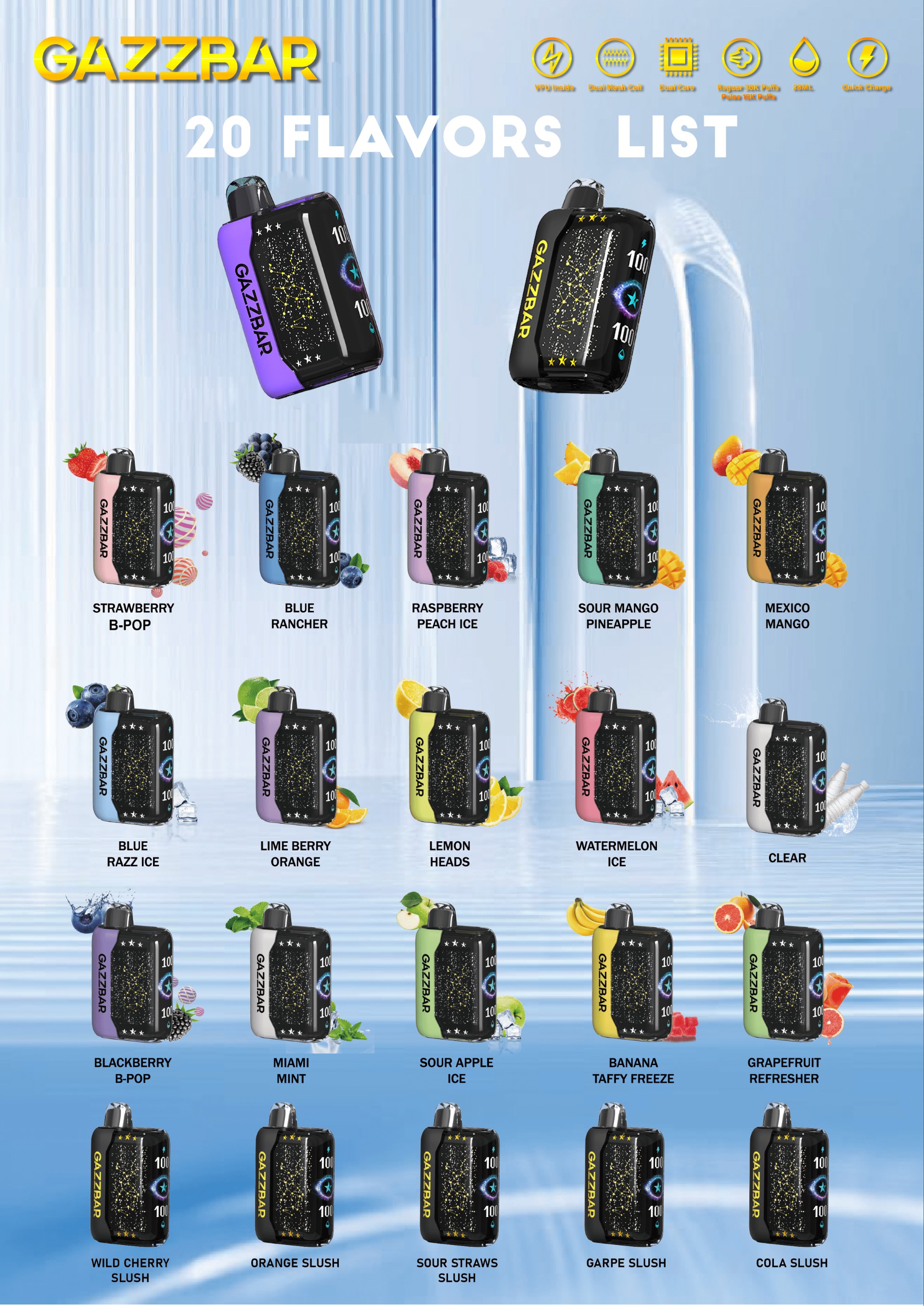 Gazzbar Turbo 30k 30000 Puff Disposable Vape pulse 15000 With 3D curved smart display starry sky