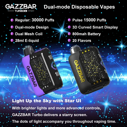 GAZZBAR Turbo 30000 Puff Disposable Vape Dual Mode Pulse 15000 15K 3D Curved Smart Display Starry