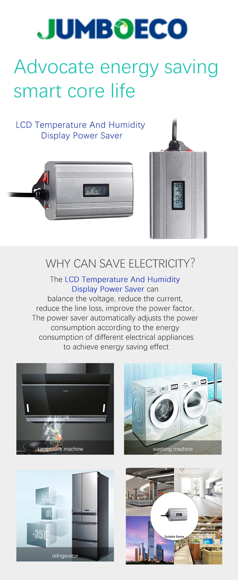Home Energy Saving Device Smart Power Saver Box Optimize Circuit With LCD Display Temp Humidity