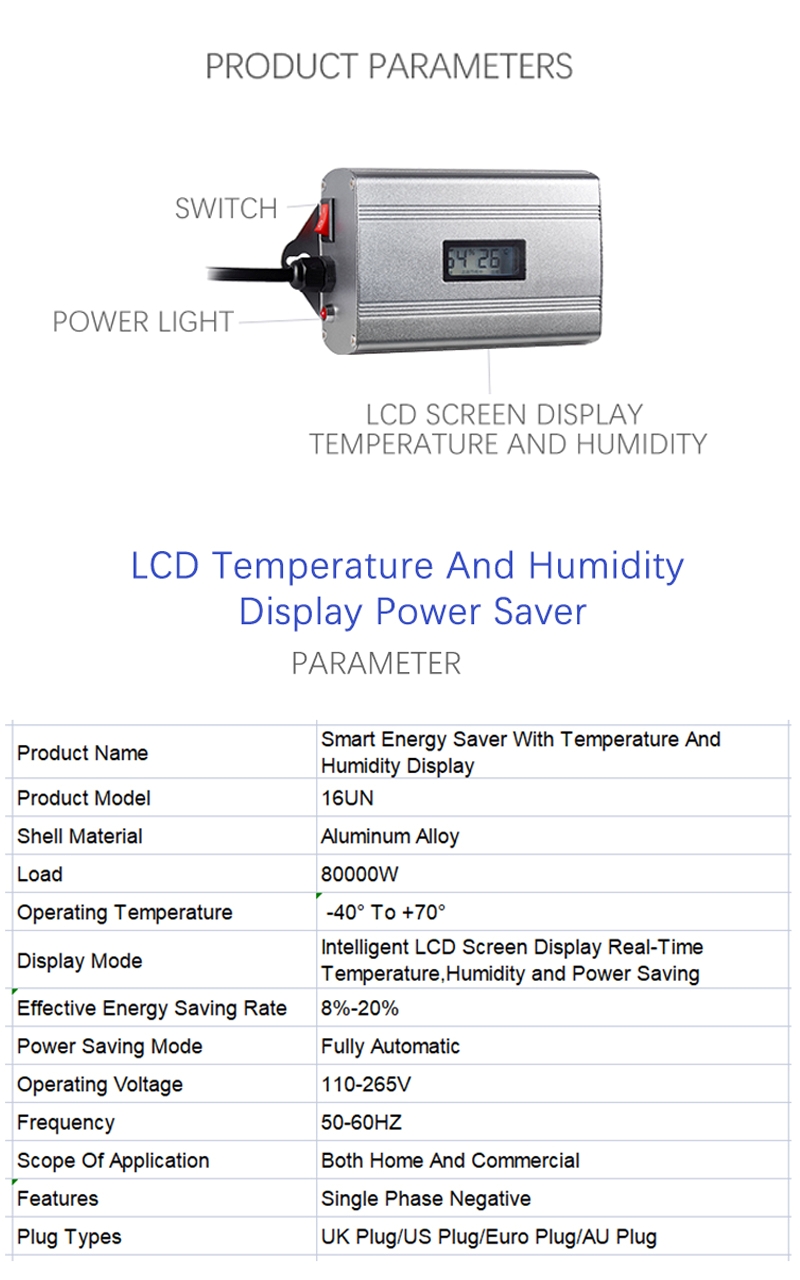 Home Energy Saving Device Smart Power Saver Box Optimize Circuit With LCD Display Temp Humidity