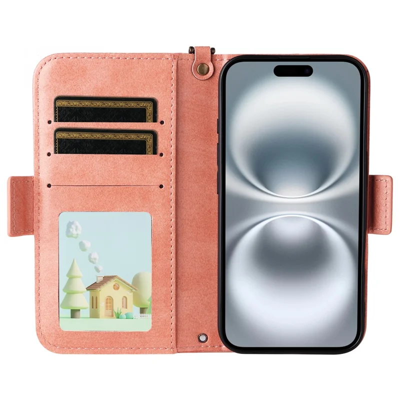 For iPhone 16 Leather Case Magnetic Closure Wallet Stand Phone Cover with Crossbody Strap - Pink-Cellmalls