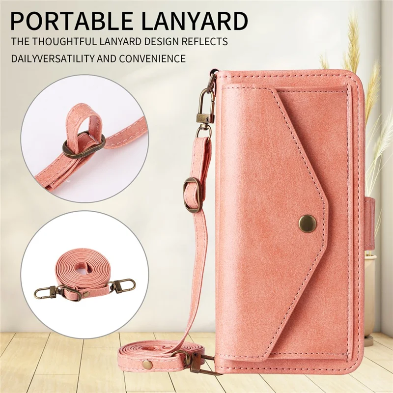 For iPhone 16 Leather Case Magnetic Closure Wallet Stand Phone Cover with Crossbody Strap - Pink-Cellmalls
