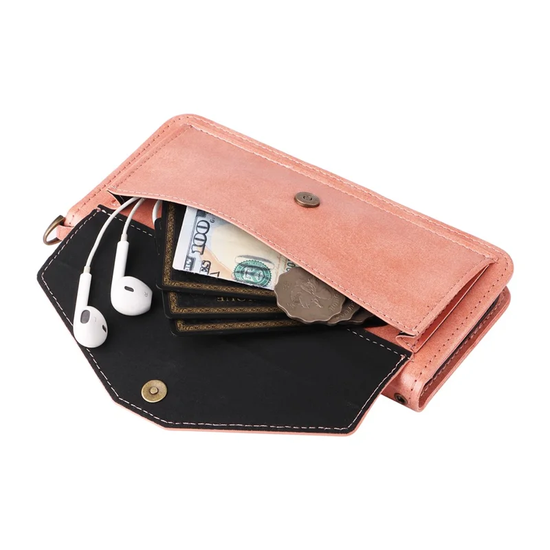 For iPhone 16 Leather Case Magnetic Closure Wallet Stand Phone Cover with Crossbody Strap - Pink-Cellmalls