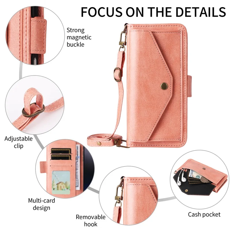 For iPhone 16 Leather Case Magnetic Closure Wallet Stand Phone Cover with Crossbody Strap - Pink-Cellmalls