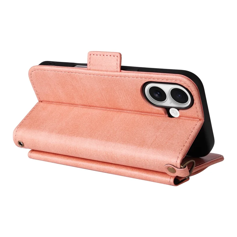 For iPhone 16 Leather Case Magnetic Closure Wallet Stand Phone Cover with Crossbody Strap - Pink-Cellmalls