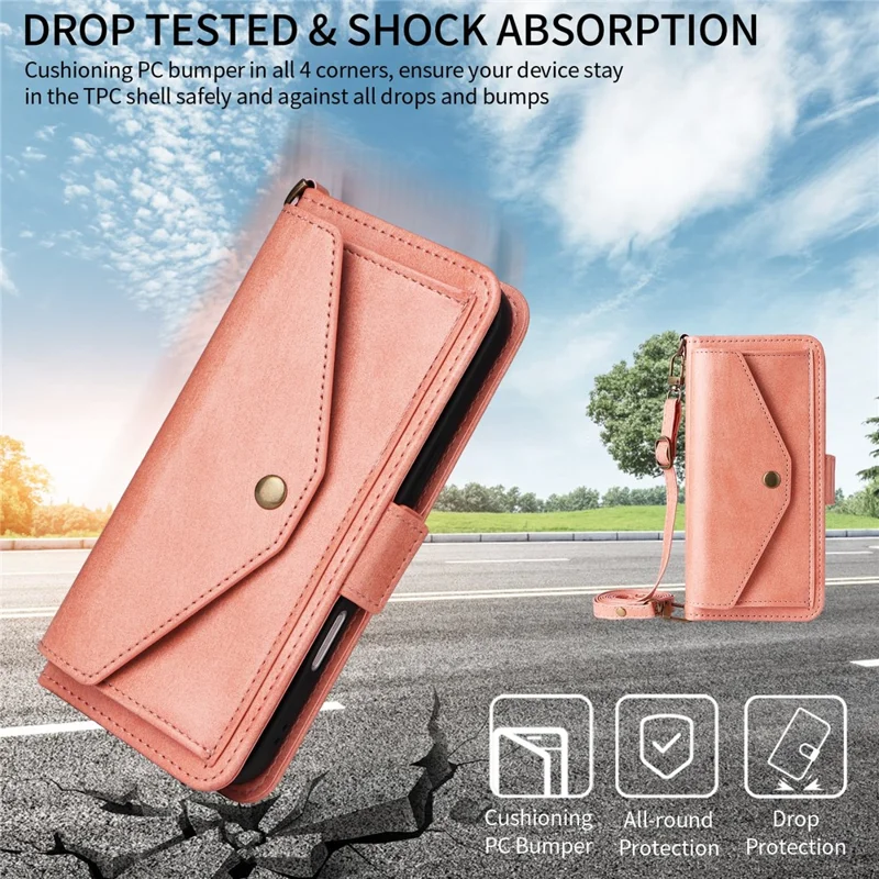 For iPhone 16 Leather Case Magnetic Closure Wallet Stand Phone Cover with Crossbody Strap - Pink-Cellmalls