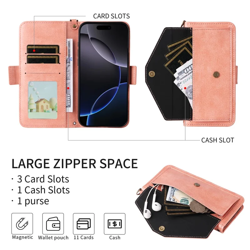 For iPhone 16 Leather Case Magnetic Closure Wallet Stand Phone Cover with Crossbody Strap - Pink-Cellmalls