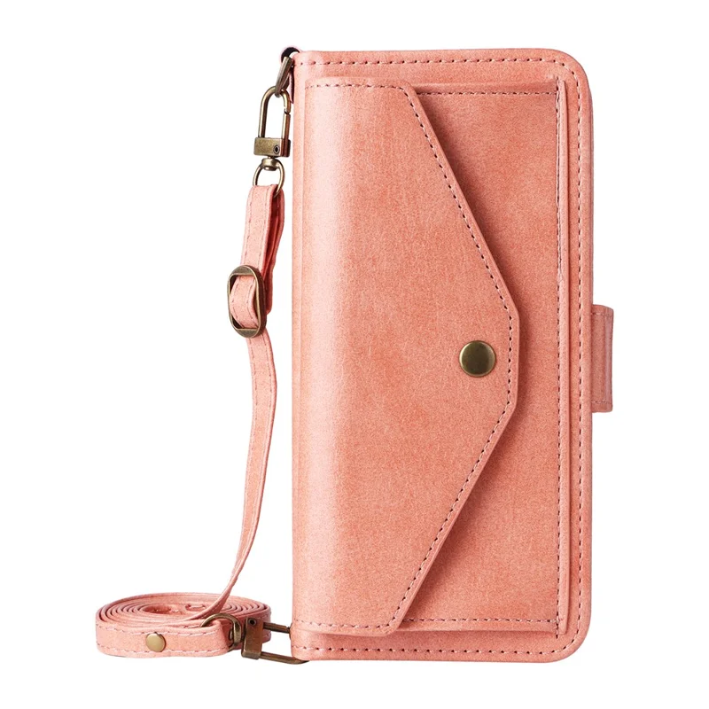 For iPhone 16 Leather Case Magnetic Closure Wallet Stand Phone Cover with Crossbody Strap - Pink-Cellmalls