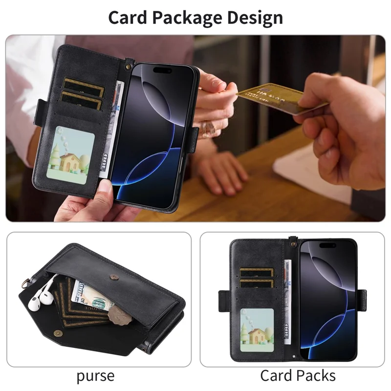 For iPhone 16 Plus Leather Case Magnetic Closure Wallet Stand Phone Cover with Crossbody Strap - Black-Cellmalls